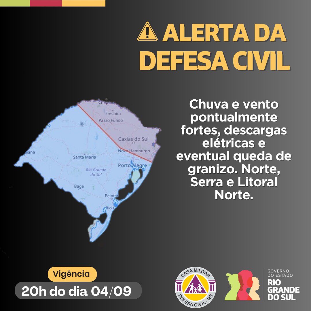 Defesa Civil emite alerta de tempestades com risco de granizo e ventos fortes
