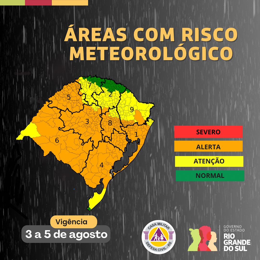 Defesa Civil emite alerta para temporais no Rio Grande do Sul neste final de semana
