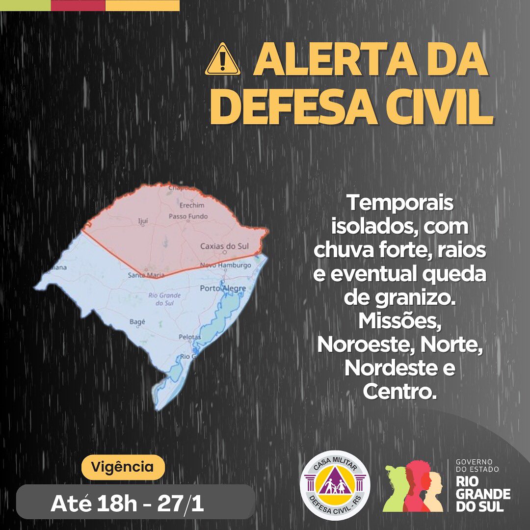 Defesa Civil emite alerta para temporais com chuva forte e queda de granizo
