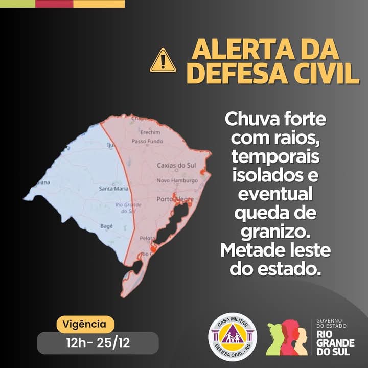 Defesa Civil emite alerta para temporais com raios e granizo