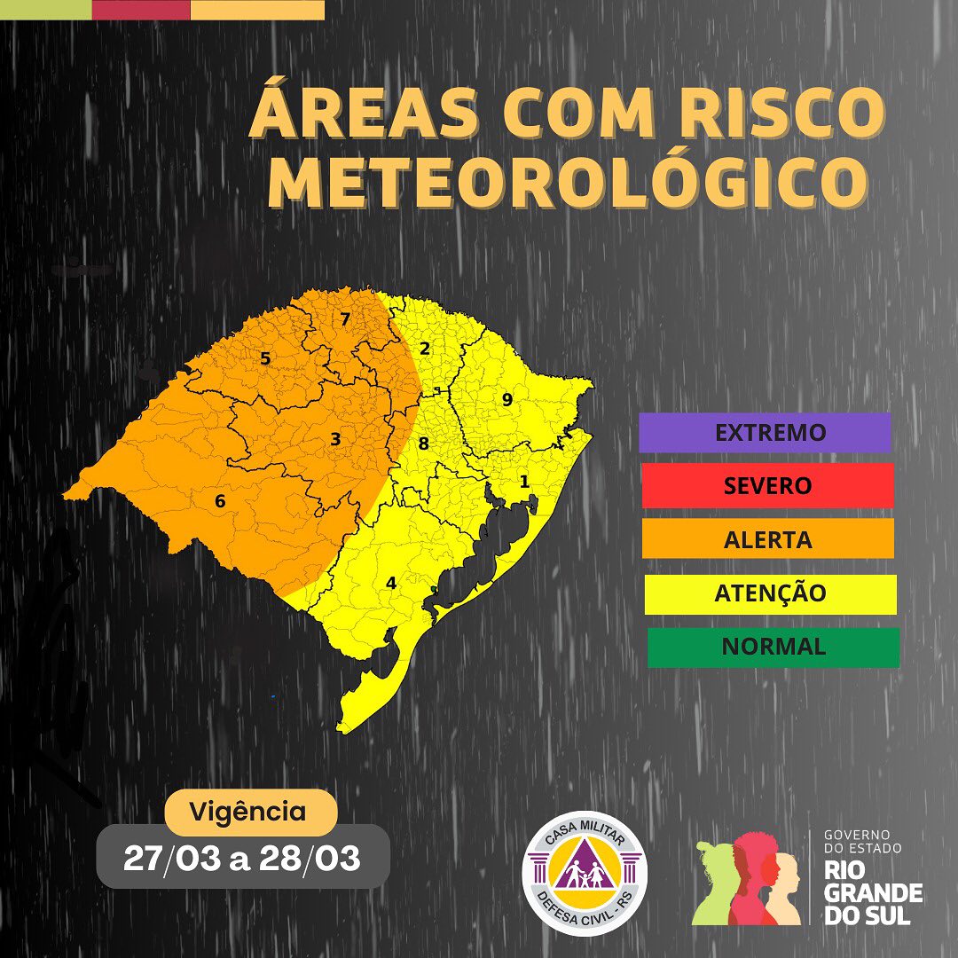 Defesa Civil alerta para temporais no Rio Grande do Sul nos dias 27 e 28 de março