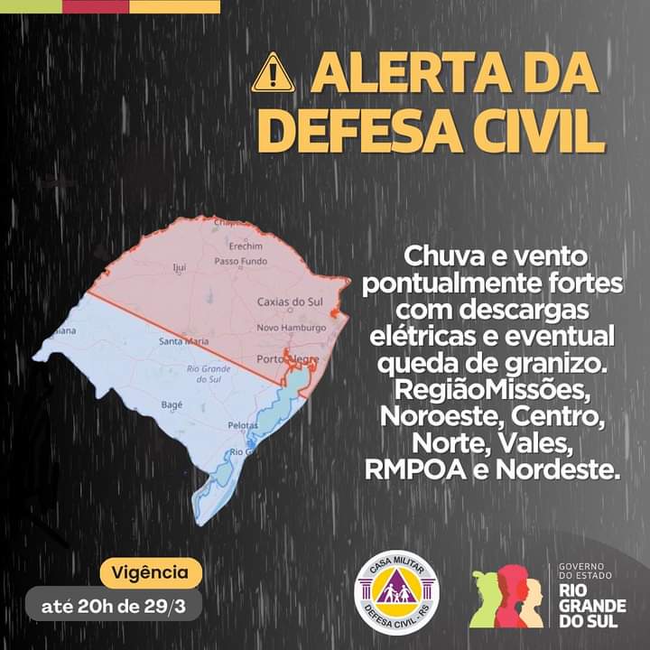 Defesa Civil alerta para chuva intensa e ventos fortes em São Marcos e região