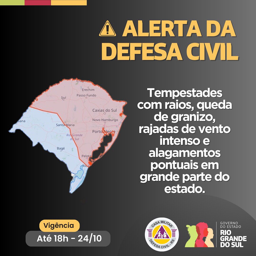 Defesa Civil emite alerta para chuva forte, ventos intensos e granizo