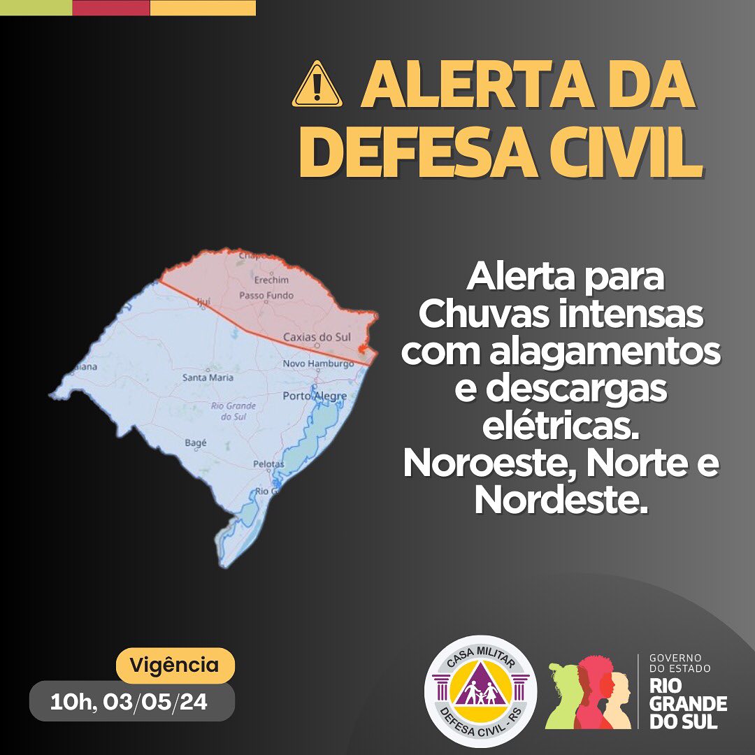 Defesa Civil alerta para mais chuvas com riscos de ventos e descargas elétricas