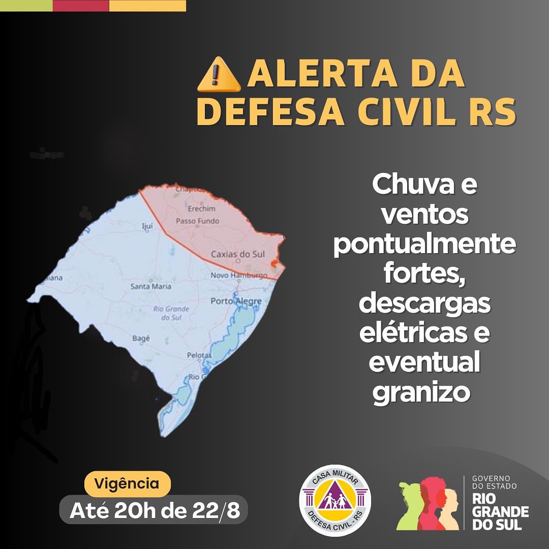 Defesa Civil emite alerta de tempo severo com risco de chuvas fortes, ventos e granizo