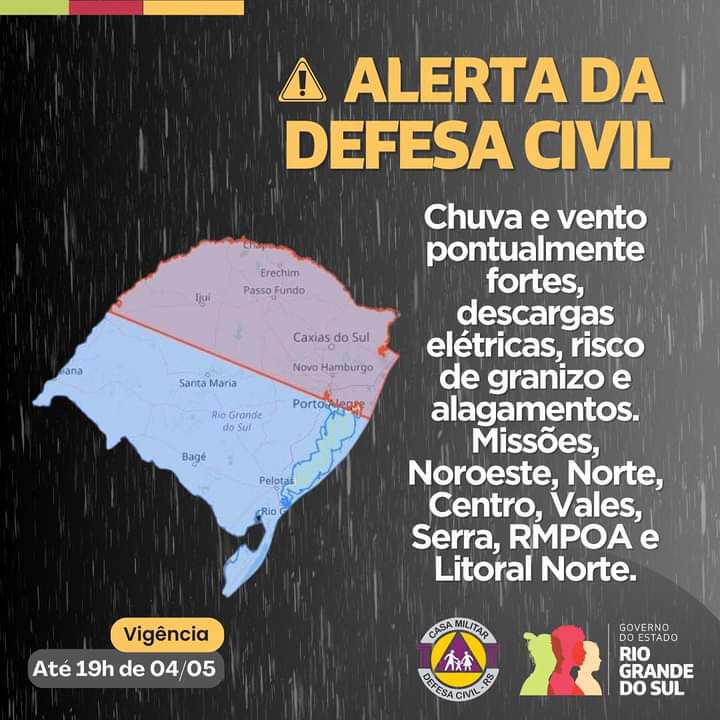 Alerta da Defesa Civil para chuvas intensas e vento forte