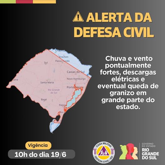 Defesa Civil emite alerta para chuva forte, ventos intensos e granizo em parte do Estado