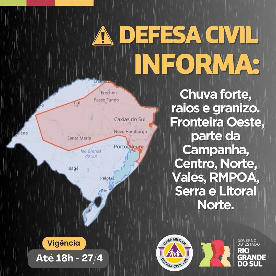 Defesa Civil emite alerta para temporais no Rio Grande do Sul