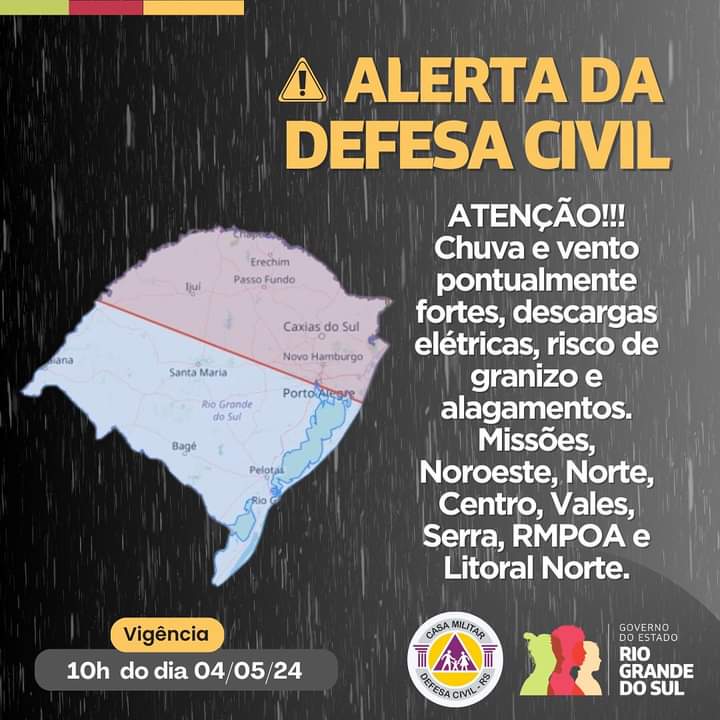 Defesa Civil emite novo alerta de chuva para parte do Estado
