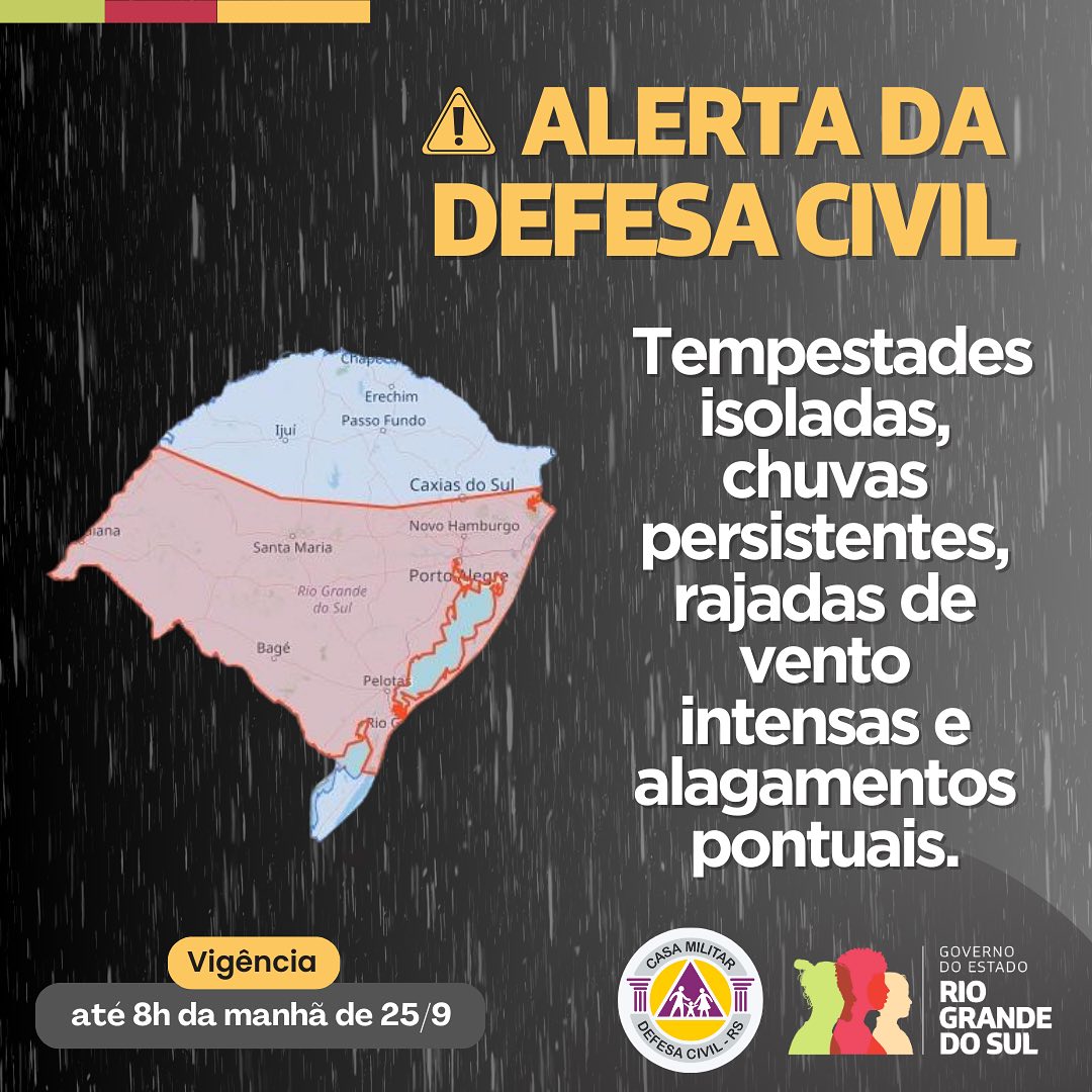 Defesa Civil emite alerta para tempestades e alagamentos