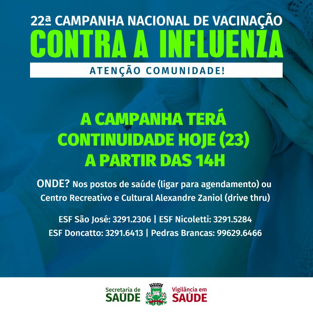 Em São Marcos, campanha de vacinação contra a gripe continua a partir das 14h