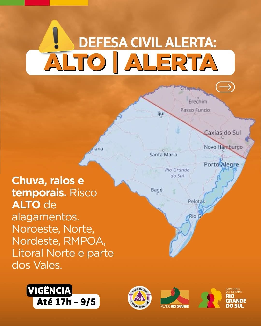 Defesa Civil emite alerta de alto risco para chuvas e temporais no RS