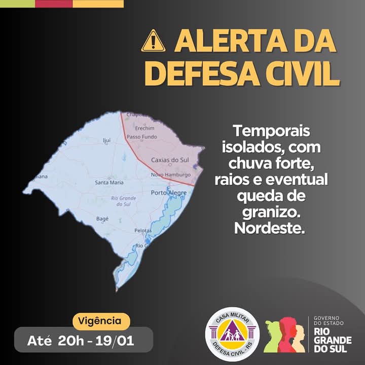 Defesa Civil alerta para risco de temporais isolados com granizo