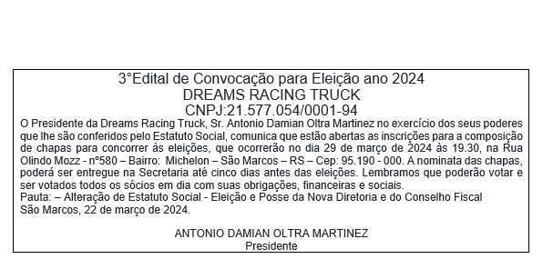 3º Edital de Convocação para Eleição ano 2024 Dreams Racing Truck
