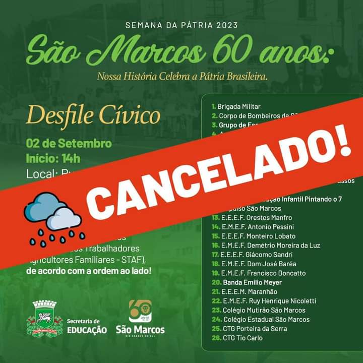Devido a instabilidade climática, Desfile Cívico está cancelado em São Marcos