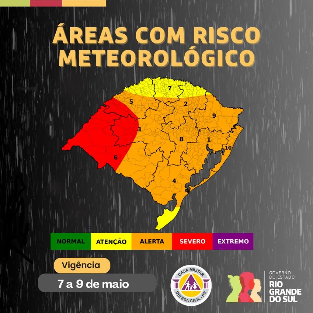 Defesa Civil emite alerta máximo para temporais no RS nos próximos dias
