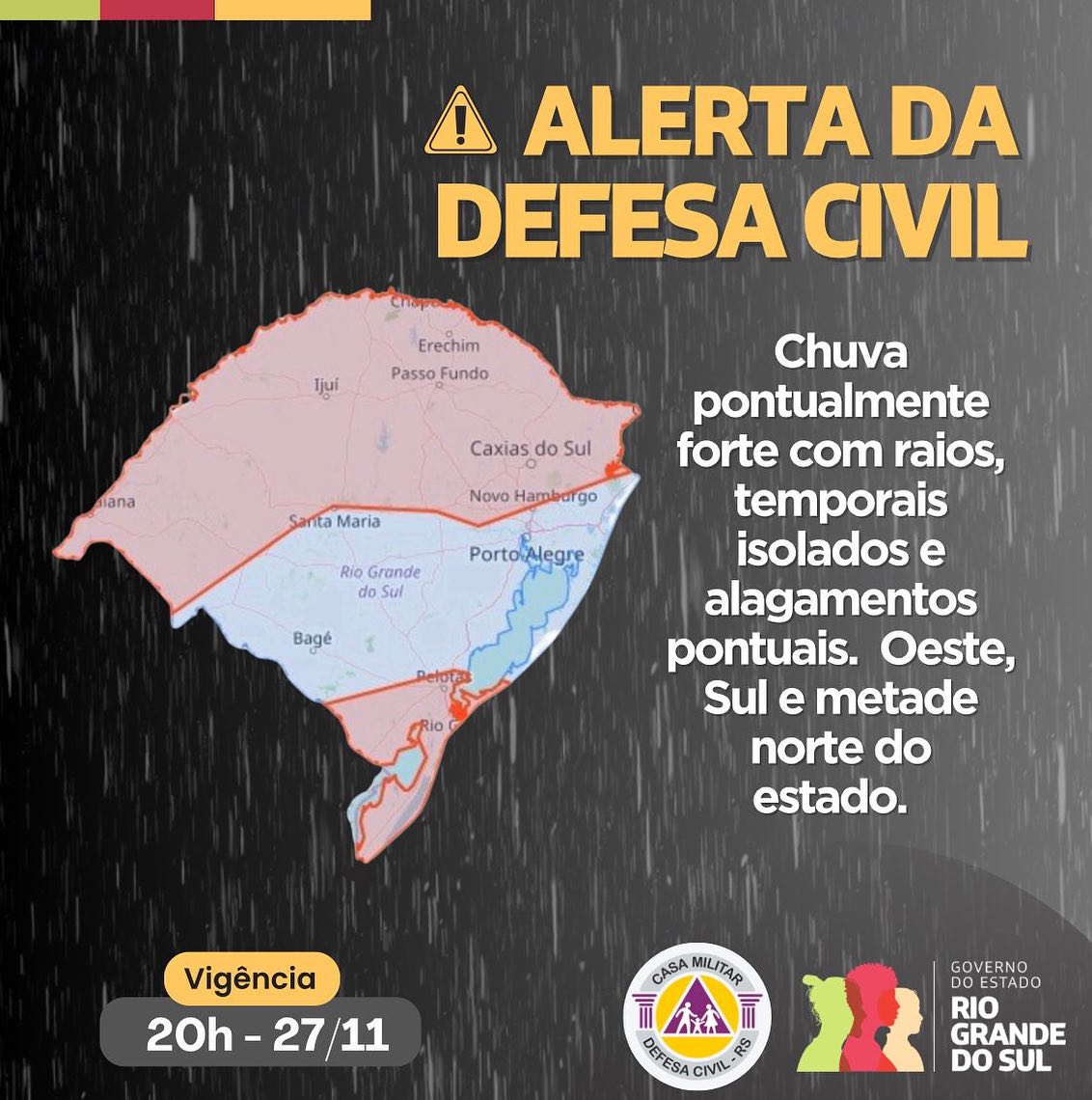 Defesa Civil emite alerta para temporais e alagamentos pontuais