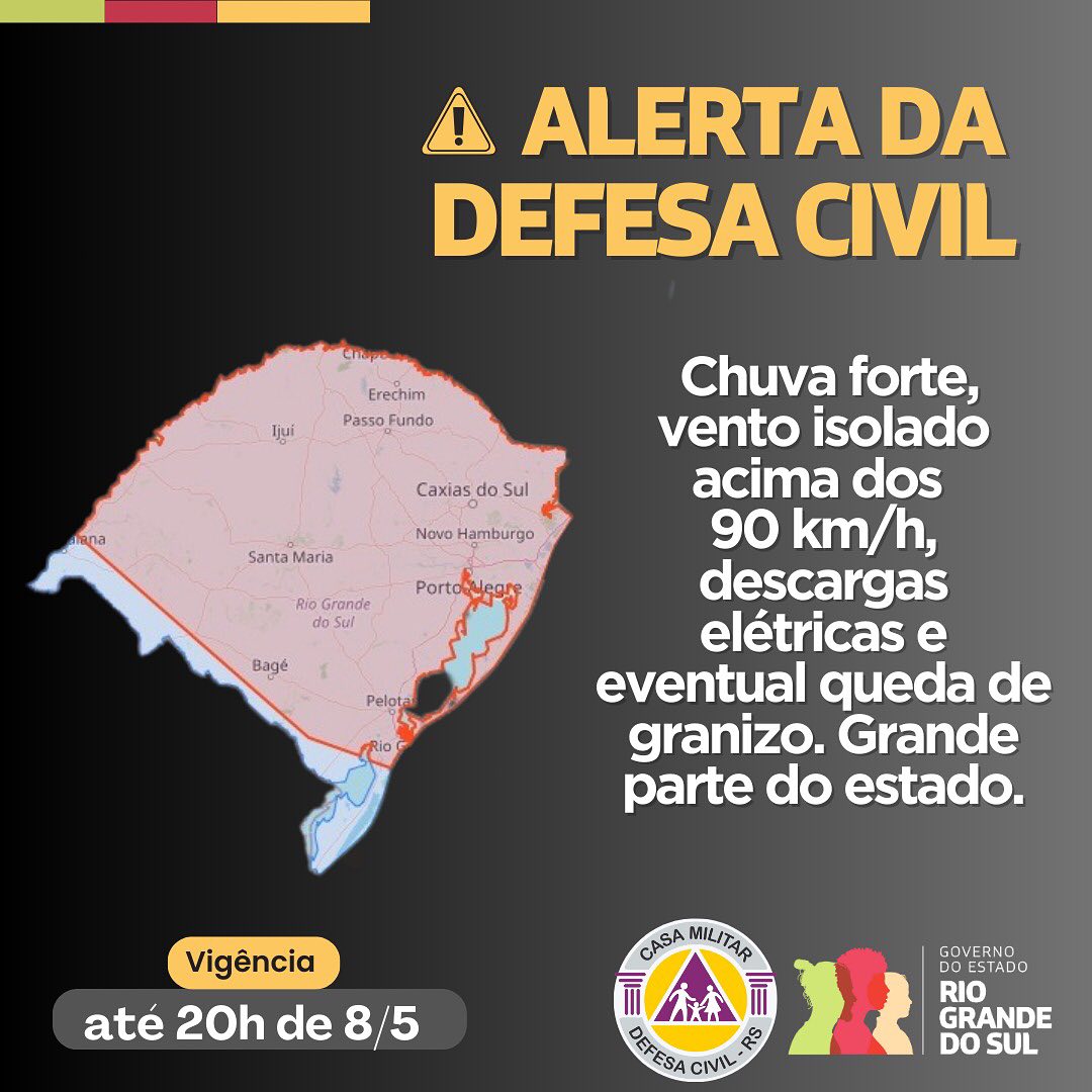 Alerta de tempo severo para o Rio Grande do Sul: chuvas fortes, vento intenso e descargas elétricas