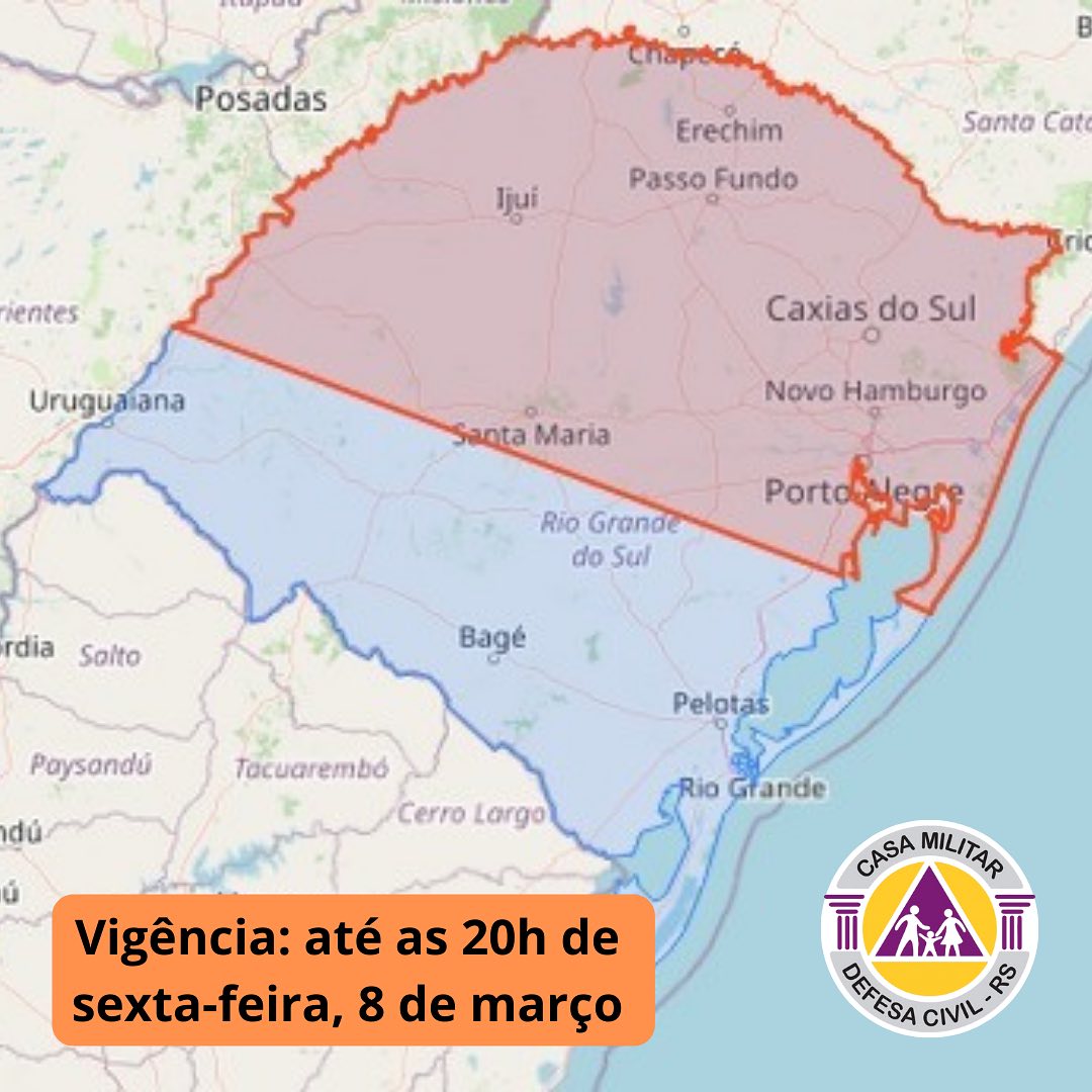 Defesa Civil alerta que chuvas e ventos fortes podem atingir a região até as 20h desta sexta-feira