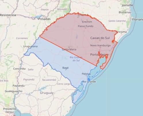 Defesa civil alerta para chuva forte e rajadas de vento na área em vermelho no mapa