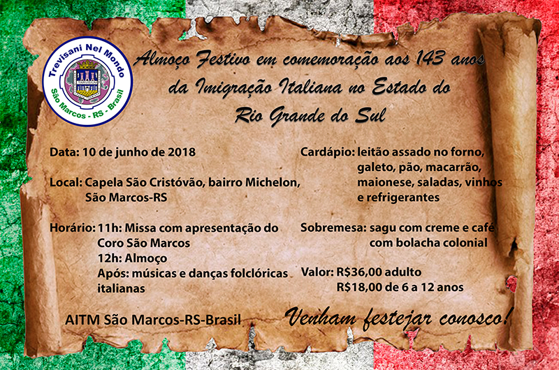 143 anos de Imigração Italiana será comemorado com almoço neste domingo
