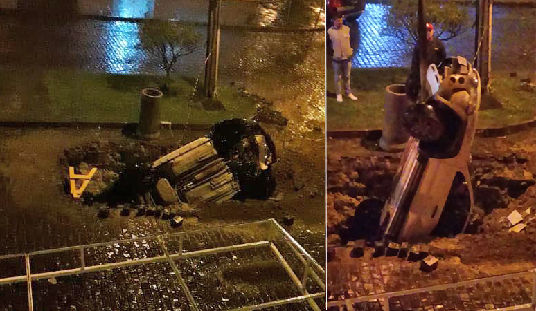 Veículo caiu em buraco de obra no centro esta madrugada