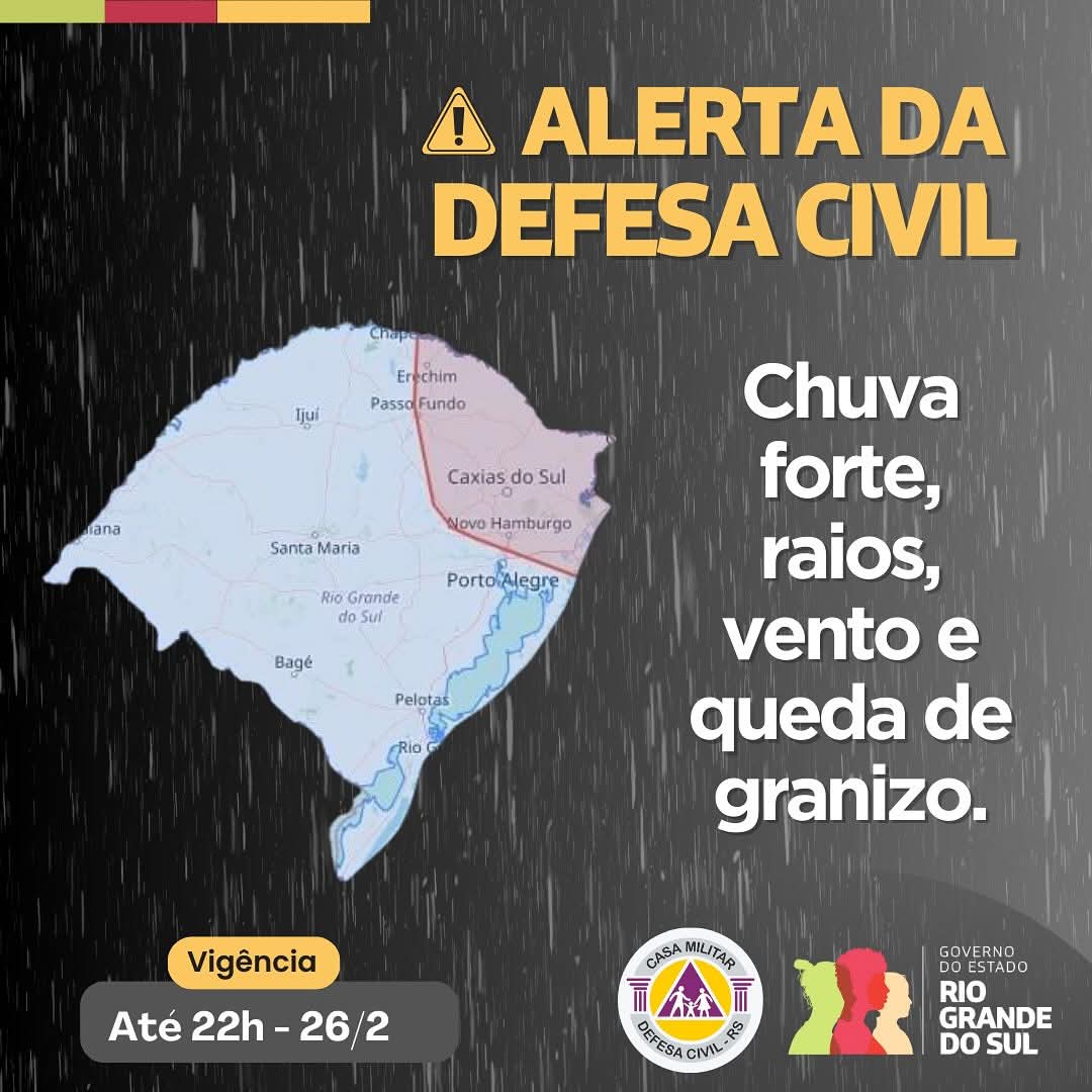 Defesa Civil emite alerta para temporais com risco de granizo e ventos fortes