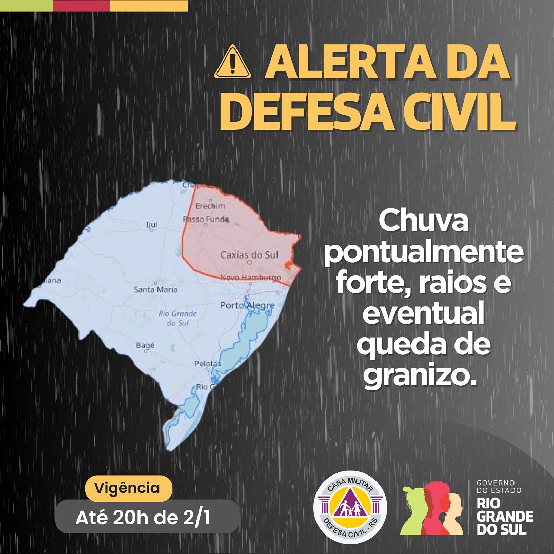 Defesa Civil emite alerta para temporais no Norte e Nordeste do RS
