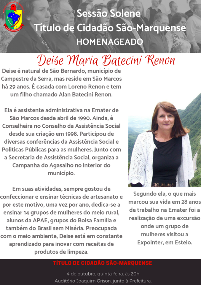 Seis homenageados recebem título de Cidadão São-Marquense esta noite
