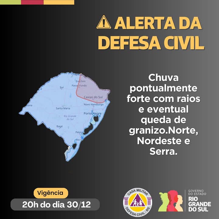 Defesa Civil emite alerta para condições climáticas severas no Rio Grande do Sul