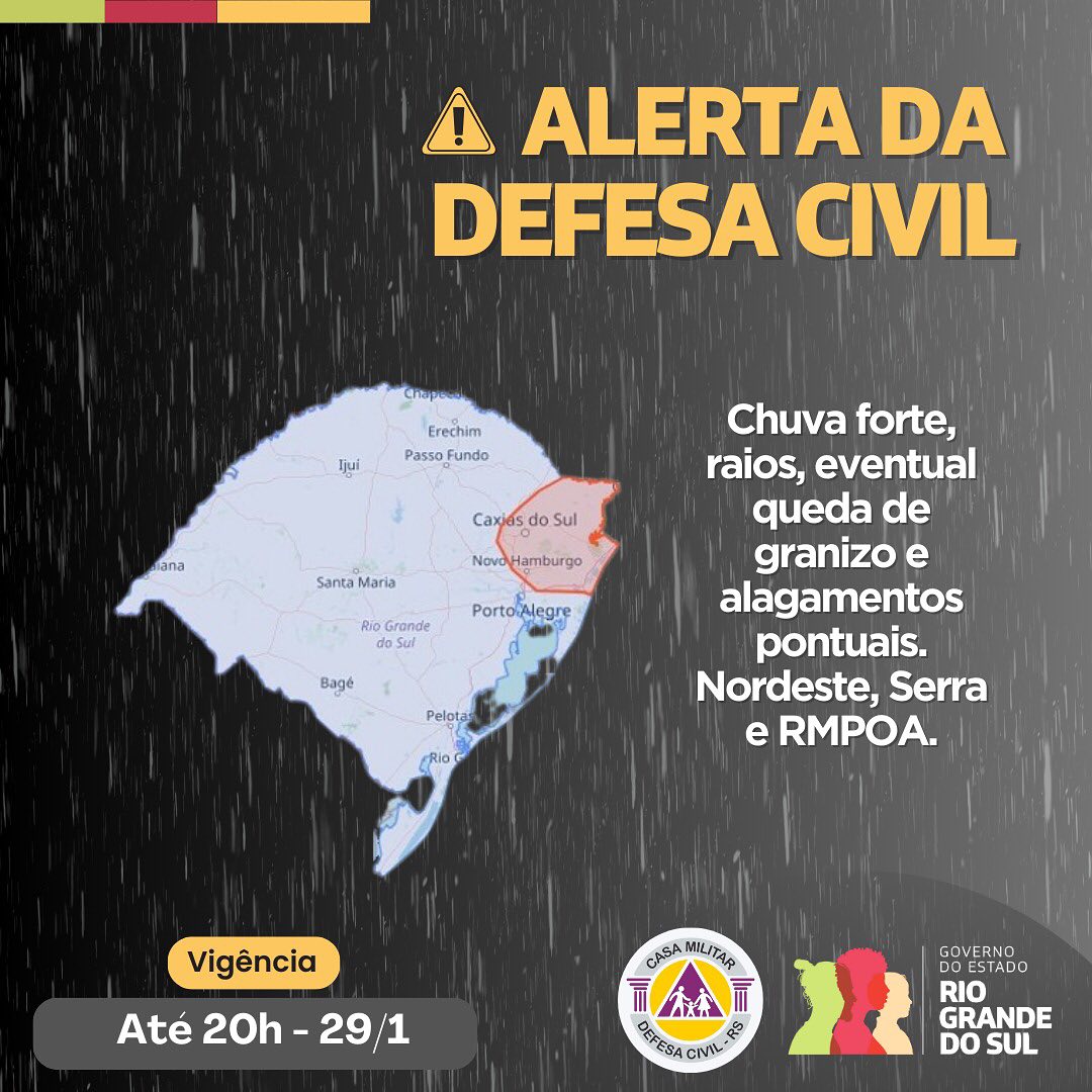 Defesa Civil emite alerta para temporal com risco de granizo e alagamentos