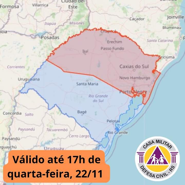 Alerta da Defesa Civil: condições climáticas adversas na área vermelha do mapa