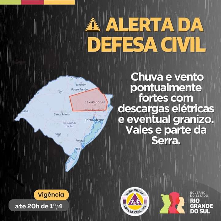Defesa Civil alerta para chuvas intensas e ventos fortes nesta segunda-feira