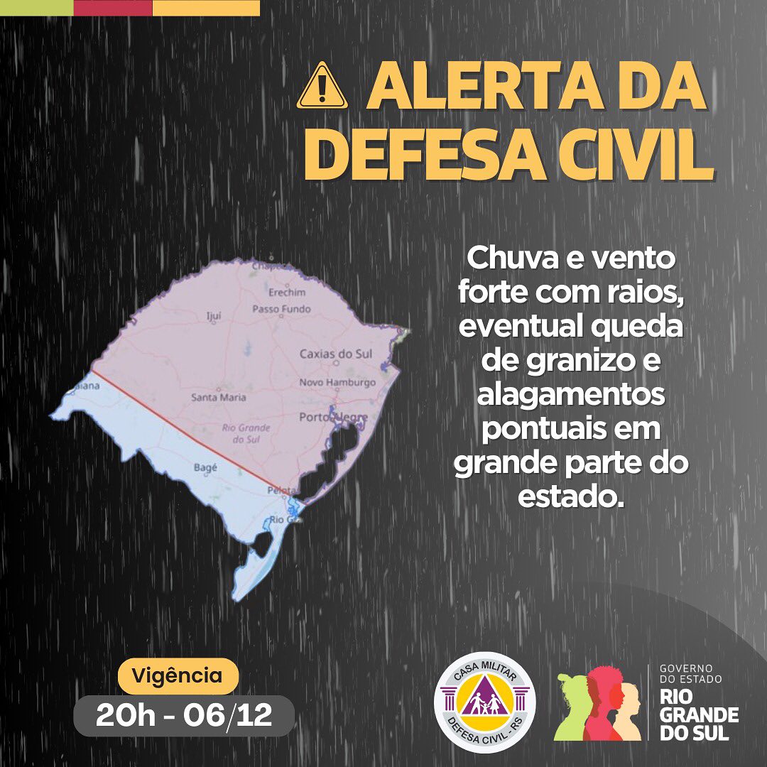 Defesa Civil emite alerta para temporais no estado até as 20h desta sexta-feira