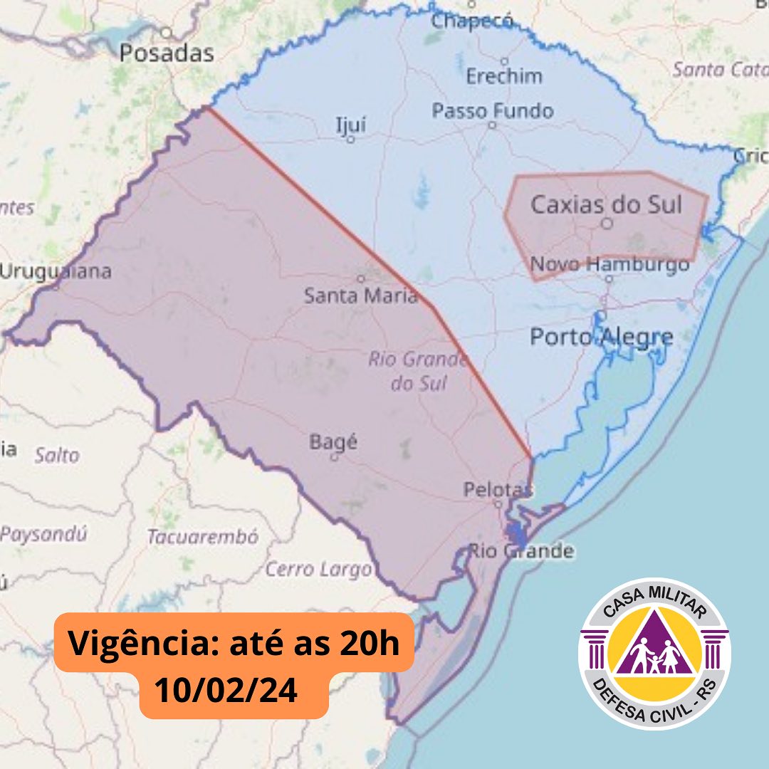 Defesa Civil alerta para o risco de temporais neste sábado em parte do Estado