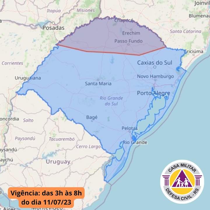 Defesa civil emite alerta para chuva forte, ventos fortes e eventual queda de granizo