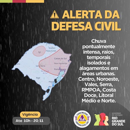 Defesa Civil alerta para risco de temporais e chuva intensa