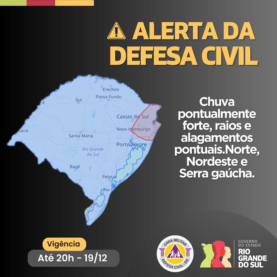 Defesa Civil emite alerta para temporais na Serra Gaúcha e outras regiões do estado
