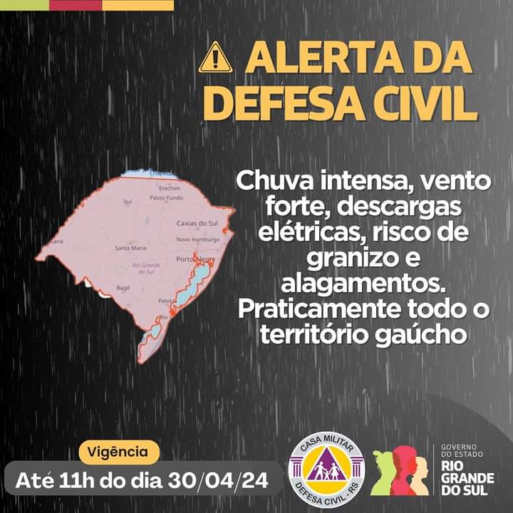 Defesa Civil alerta para risco de chuva extrema, vento e descargas elétricas em todo o Estado
