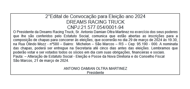2º Edital de Convocação para Eleição ano 2024 Dreams Racing Truck