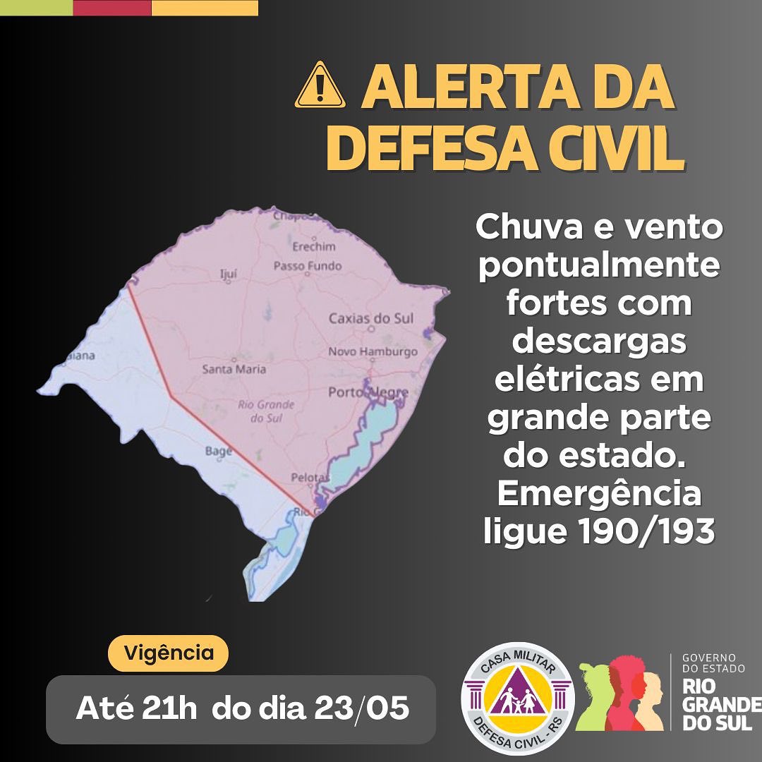Defesa Civil do RS emite alerta para chuvas e ventos fortes com descargas elétricas