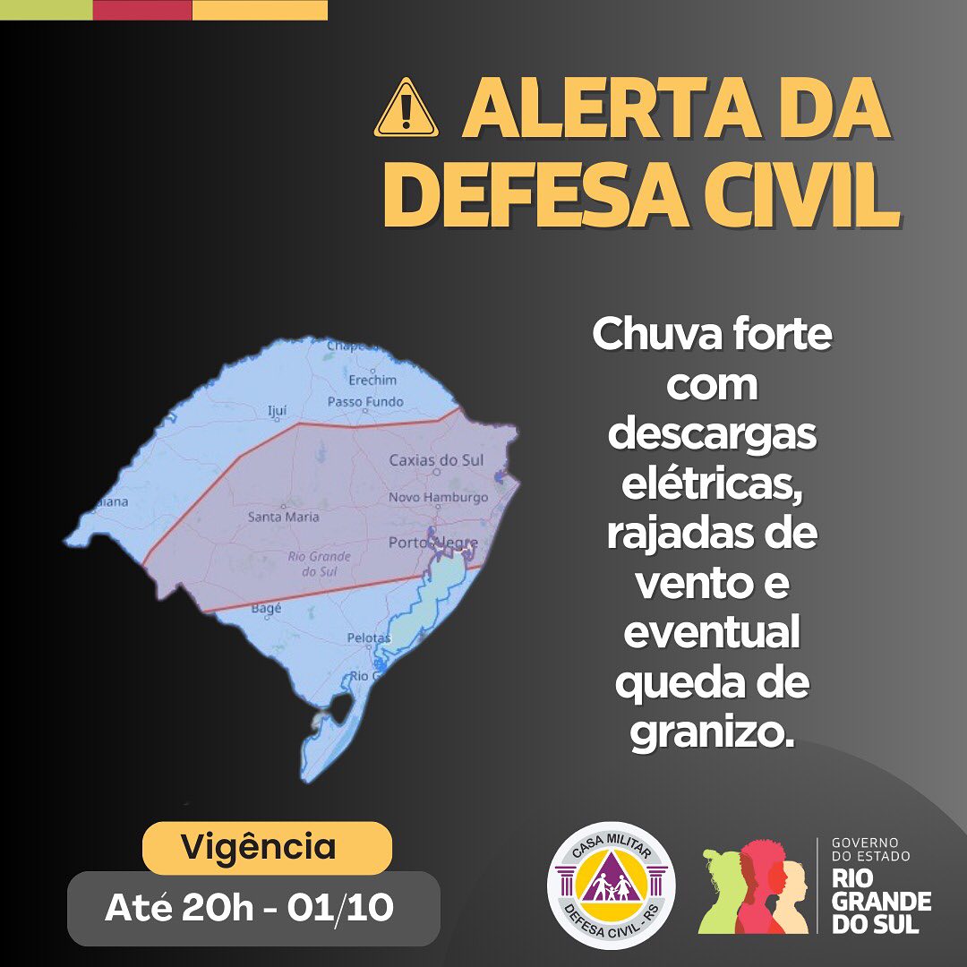 Defesa Civil alerta para temporais com risco de granizo e rajadas de vento na Região Central, Vales, RMPOA e Serra
