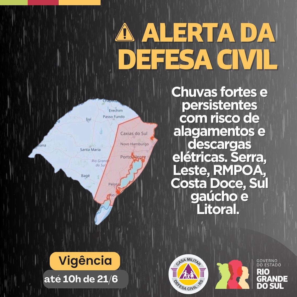 Alerta de chuvas fortes com riscos de alagamentos e descargas elétricas