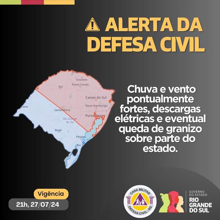 Alerta de chuva, vento forte e possível granizo neste sábado