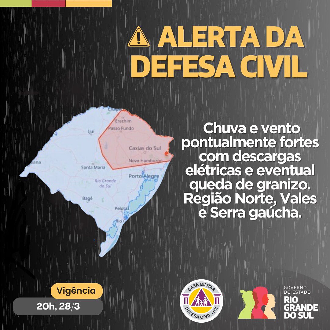 Defesa Civil emite alerta para condições meteorológicas adversas em São Marcos e região