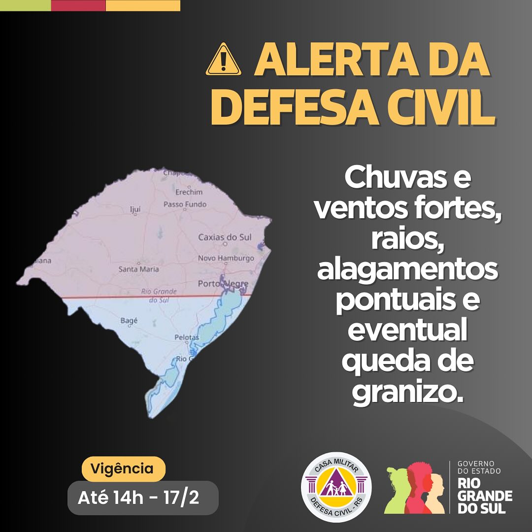 Defesa Civil emite alerta para temporais na metade norte do RS