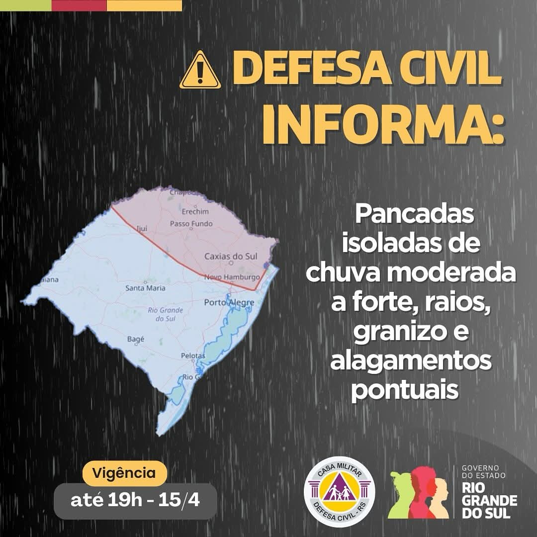 Defesa Civil alerta para temporais com risco de granizo e alagamentos em várias regiões