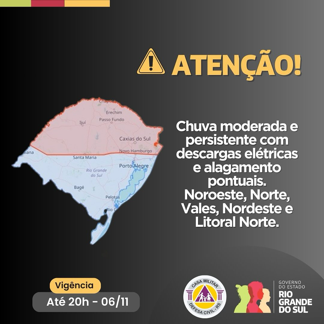 Defesa Civil emite alerta para chuvas moderadas e risco de alagamentos