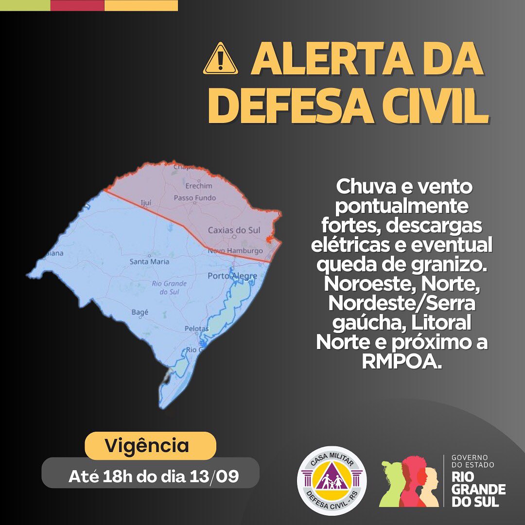 Defesa Civil emite alerta de chuvas fortes, granizo e tempestades no Rio Grande do Sul nesta sexta-feira