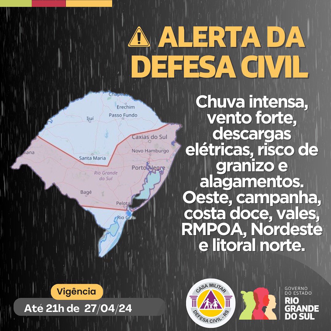 Alerta da Defesa Civil para condições climáticas extremas em parte do Rio Grande do Sul